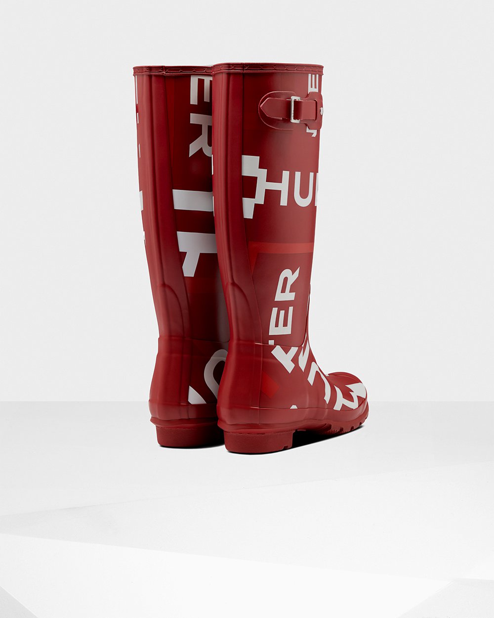 Womens Hunter Original Exploded Logo - Tall Rain Boots Grey Red - 9837-DIFHL